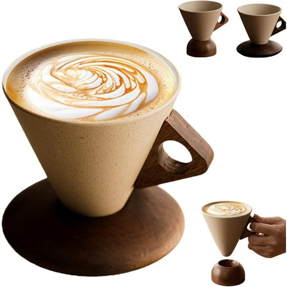 Vintage Cone Shaped Coffee Mug with Wooden Handle, Elegant Conical Coffee Mug, Solid Wood Triangle Handle Design, with Wooden Base Heat-Insulated Design, for Home, Office (Disc bottom,S)