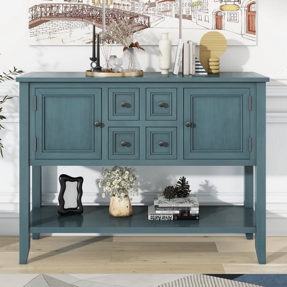 Vintage Console Table with 4 Compact Drawers and Spacious Lower Shelf, Farmhouse Sideboard with Abundant Storage, Buffet Cabinet Design for Entryways, Living Room and Kitchen Areas, Dark Blue