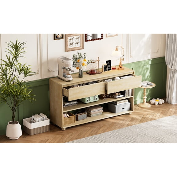 Vintage Console Table | Elegant Decor with Drawers & Shelves | Premium Pine Veneer Finish | Overcome Storage & Style Challenges
