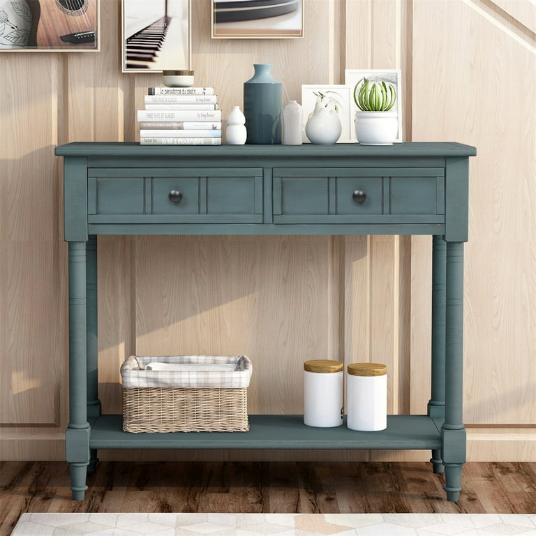 Vintage Console Table Solid Wood Sofa Table with 2 Storage Drawers and Open Bottom Shelf Traditional Accent Entryway Table Narrow Side Table for