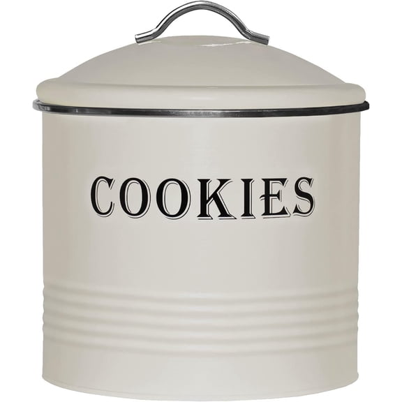 Vintage Cookie Jar - Airtight Counter Cookie Container, Ivory Tin with Lid for Gift Giving, Large Capacity