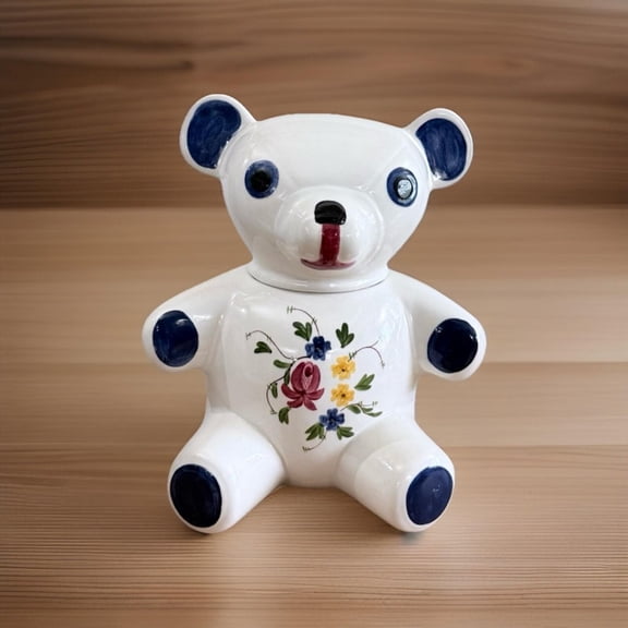 Vintage Cookie Jar Ceramic Pottery Bear Flowers 11" Tall, Jar for Candy, Sugar, Flour, Sourdough, Dog Food, Laundry Pods with Lid, Kitchen Storage Container