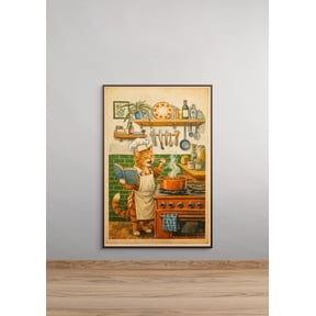 Vintage Cooking Cat Poster, Retro Kitchen Wall Art