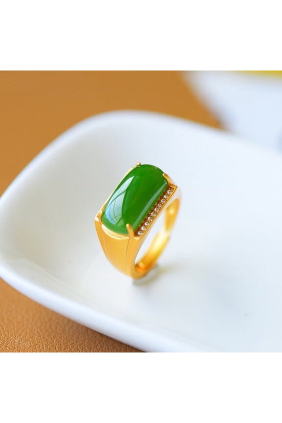 Vintage Copper Ring Gold Plated Jade Inlay Geometric Design For Women Adjustable Opening White Jade And Jasper Accents