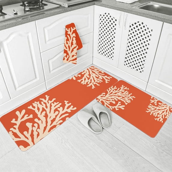 Vintage Coral Abstract Kitchen Floor Mats, Ocean Underwater Marine Life 2 PCS Anti Fatigue Area Runner Rugs Set Orange Non-Slip Bathroom Comfort Standing Mat Home Decor