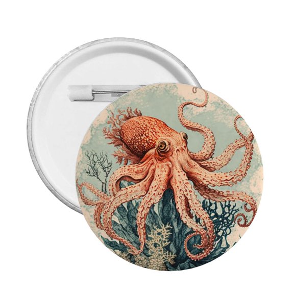 Vintage Coral Octopus Art Watercolor Round Button Pin Badge 5PCS Pinback Buttons Lapel Pin for Jacket, Backpack, Hat, Party Favor, Gift