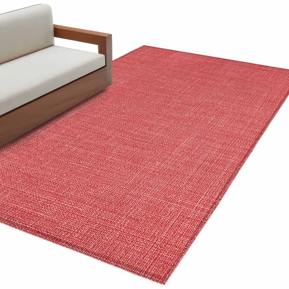 Vintage Coral Red Area Rug Washable 3x5 Entryway Rug Non-Slip Indoor Low Pile Farmhouse Retro Solid Color Linen Texture Floor Carpet Small Rugs for Bedroom Office Living Room Kitchen Entrance Nursery