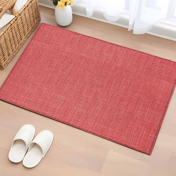 Vintage Coral Red Bathroom Rug Washable 2x3 Entryway Rug Non Slip Farmhouse Retro Solid Color Linen Texture Front Door Mat Low Pile Indoor Doormat Throw Floor Carpet for Kitchen Bedroom Entrance