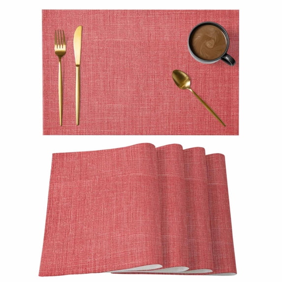 Vintage Coral Red Placemats Set of 12, Farmhouse Retro Solid Color Linen Texture Placemats for Dining Table, Place Mats for Kitchen Tabletop, Waterproof Wipeable Dining Table Mats Set