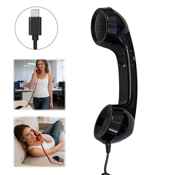 Vintage Corded Telephone Handset with Type-C Plug, Retro Design Wired Receiver for Smartphones Tablets Laptops, One-Key Answer, Clear Audio for Calls Meetings Gift