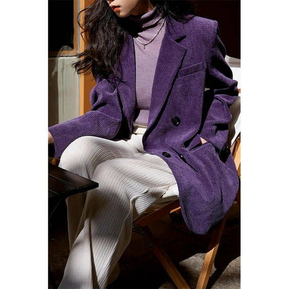 Vintage Corduroy Blazer Women Double Breasted Black Suit Jacket Korean Elegant Casual Coat Streetwear All Match Outerwear