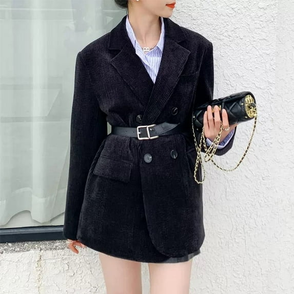 Vintage Corduroy Blazer Women Double Breasted Black Suit Jacket Korean Elegant Casual Coat Streetwear All Match Outerwear