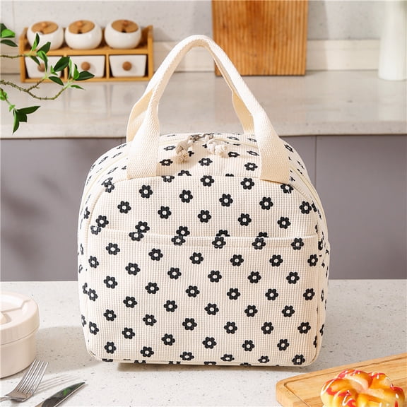 Vintage Corduroy Insulated Lunch Bag, Portable Bento Bag for Work, Cute Strawberry Print, Built-In Insulation Keeps Food Hot or Cold, Multifunctional Partition Organizer