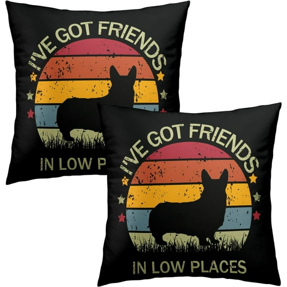Vintage Corgi Pillow Covers 16x16 Inch Set of 2, I''ve Got Friends in Low Places,Corgi Gifts for Corgi Lovers, Corgi Owner Gifts, Black Cotton Cushion Cover for Home Couch Sofa Bedroom Livingroom