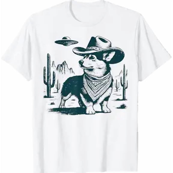 Vintage Corgi UFO Funny Corgi Cowboy with UFO Western Dog T-Shirt