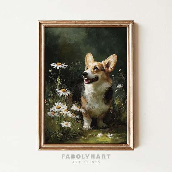 Vintage Corgi Wall Art Floral Corgi Dog Mom Moody Pet Decor, Unframed Poster