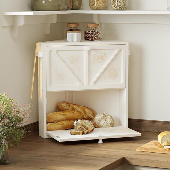Vintage Corner Bread Box for Kitchen Counter, Double-Layer Bread Storage Bin, Large Capacity Rustic Farmhouse Bread Holder, Breadbox Organizer for Cabinet (White, Large)