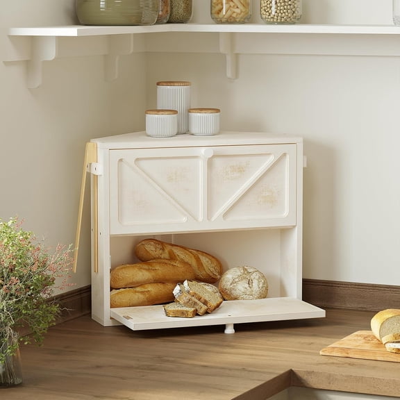Vintage Corner Bread Box for Kitchen Counter, Double-Layer Bread Storage Bin, Large Capacity Rustic Farmhouse Bread Holder, Breadbox Organizer for Cabinet (White, Medium)