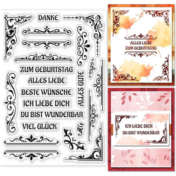 Vintage Corner German Sayings Clear Stamps for DIY Scrapbooking Rero Lace Frame German Word Silicone Clear Stamp 11x16cm Transparent Stamps Seals for Cards Making Journal Photo Album White