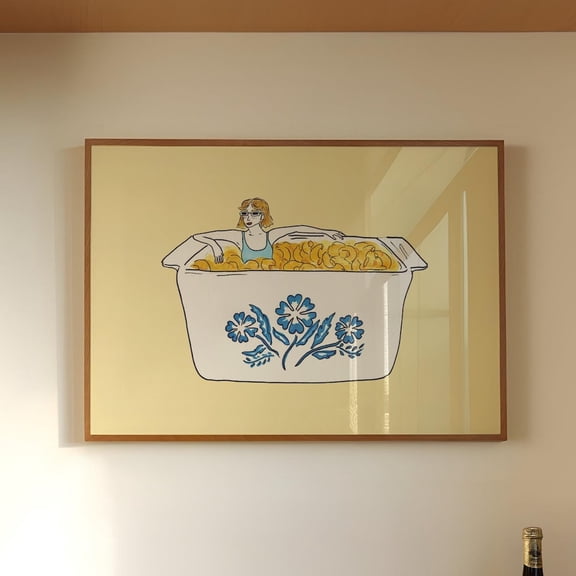 Vintage Corningware Blue Cornflower Mac N' Cheese Illustration Print, Mac And Cheese Wall Art, Cute Nostalgic Kitchen Art, Retro Kitchen Art UNFRAMED PAPER POSTER, Home Decor, Living Room Dercor