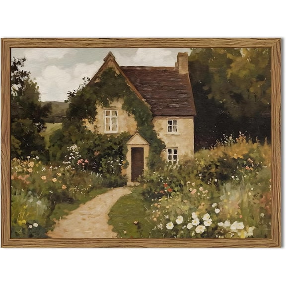 Vintage Cottage Core Wall Art, Farmhouse Landscape Wall Decor Painting Country House Artwork 3D Textured Hand Drawn Sandstone for Bedroom Living Room 16x24 inch Wood Framed
