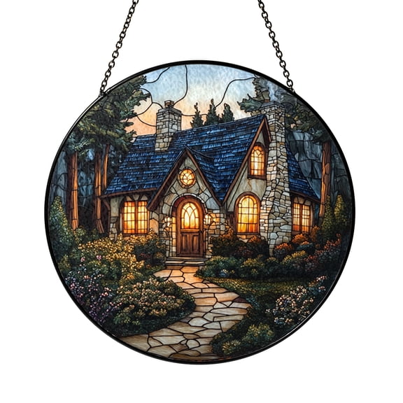 Vintage Cottage Countryside Stained Glass Style Suncatcher Window Hanging Decor, Rustic Village Glass Art Panel for Window Decoration Gift