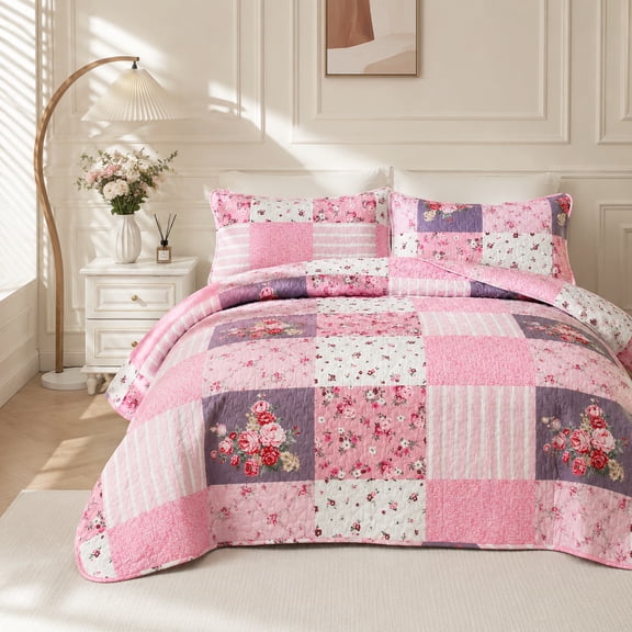 Vintage Cottage Floral Quilted Coverlet Set - 2/3PCS, 1 Quilt + 1 or 2 Pillowcases, Multi‑scene Bedding Lightweight Easy Care Machine Washable(Pink,Twin)