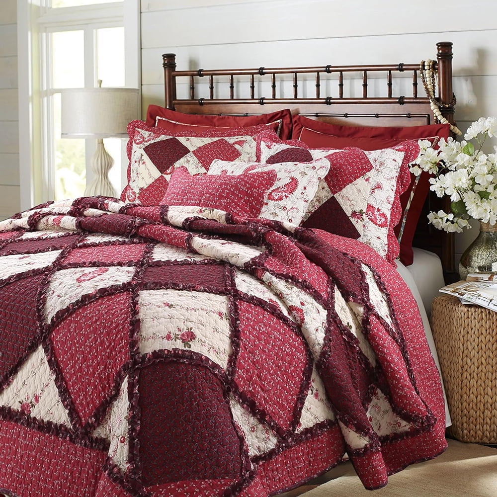 Queen Red Cotton Reversible Patchwork Quilt Set