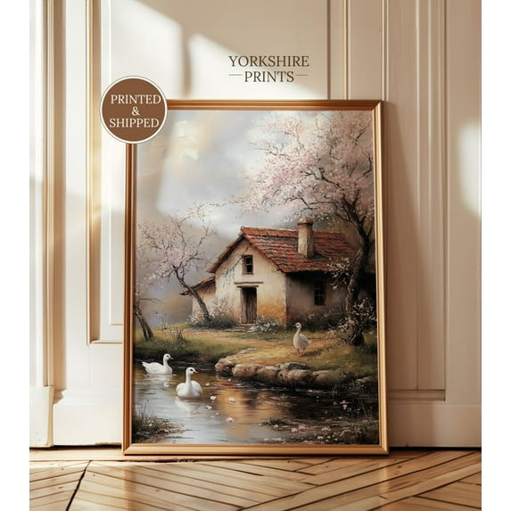 Vintage Cottage Spring Print Poster Rustic Country House Landscape, Fine Art Poster, Print Postered and Shipped, Size 24x36 UNFFRAMED F03.1.6l1082