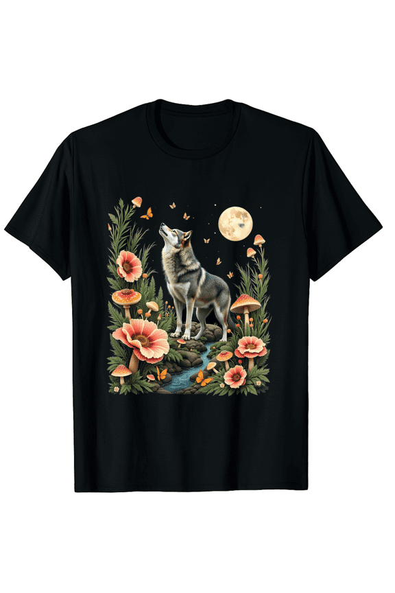 Vintage Cottagecore Aesthetic Moon Phase Wolf Howling Long Sleeve T-Shirt for Men Women