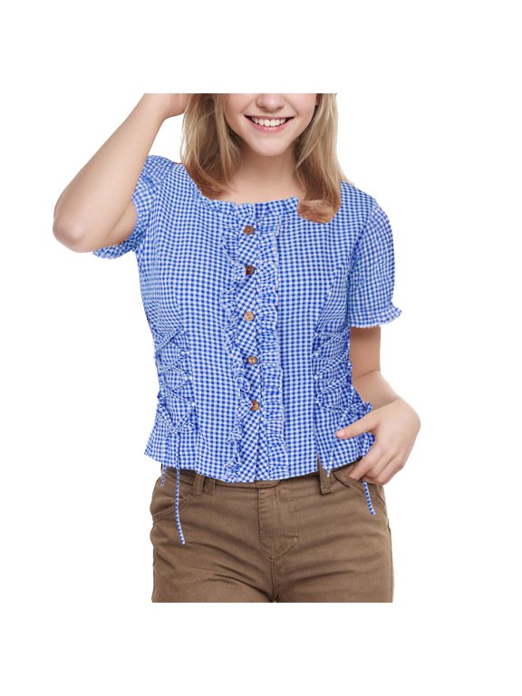 Vintage Cottagecore Dirndl Style Gingham Top Women Short Sleeve Ruffle Collar Adjustable Side Tie Waist Flattering Plaid Blouse for Oktoberfest Picnic