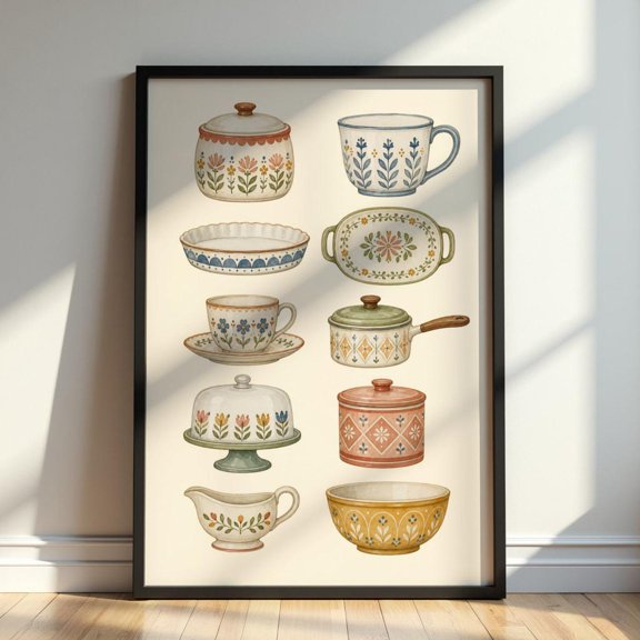 Vintage Cottagecore Kitchen Wall Art Print Folk Floral Cookware Poster Retro Rustic Farmhouse Decor