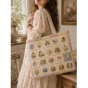 Vintage Cottagecore Quilted Tote Bag, Botanical Patchwork Shoulder Bag, Floral Garden Tote Bag, Cat and Book Lover Gift, Aesthetic Handbag