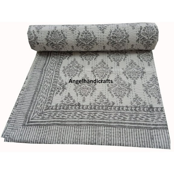 Vintage Cotton Coverlet Hand Block Print Kantha Quilt Reversible Bedspread Indian Hand Stich Throw Handmade Blanket Modern Bedding Bedcover
