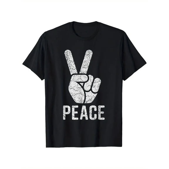 [Vintage Cotton Tshirt] Cotton Unisex Retro 1960s & 1970s Hippie Peace Logo T-Shirt | Round Neck Casual Loose Fit Short Sleeve Top, All-Season Knitted Fabric (180g), Black with Vintage