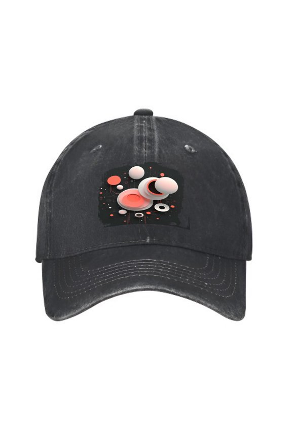 Vintage Cotton Washed Distressed Baseball Cap - Abstract Graphic Design with Overlapping Circular Shapes in Red Orange and White for Men & Women