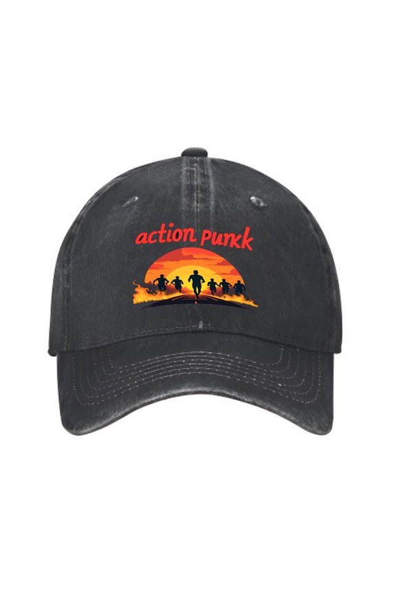 Vintage Cotton Washed Distressed Baseball Cap - Action Design with Running Silhouettes & Setting Sun - Stylish Golf Dad Hat for Men & Women