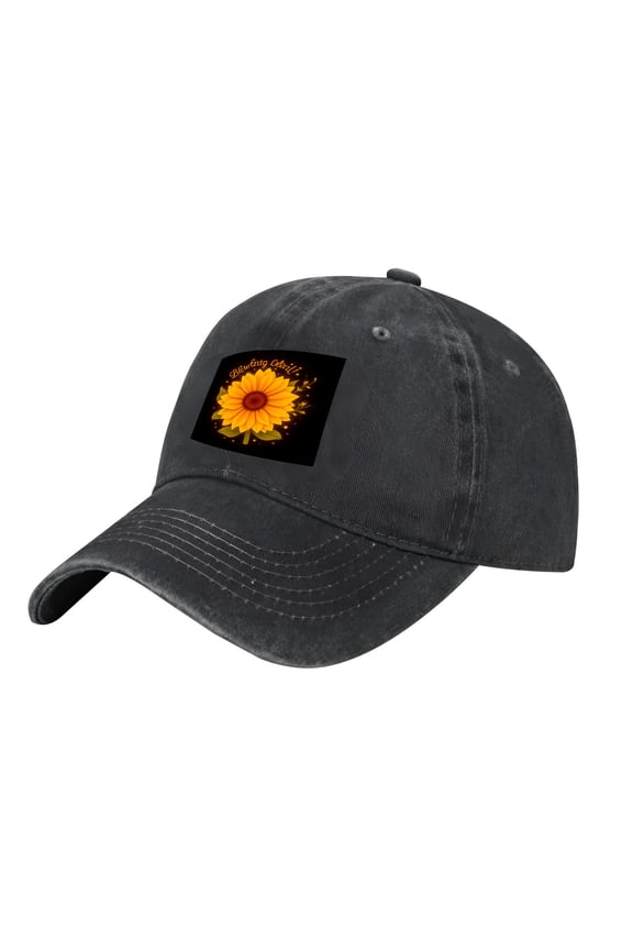 Vintage Cotton Washed Distressed Baseball Cap - Adjustable Dark Gray Hat with Sunflower Patch & ' Beating Boredom ' Text for Men & Women