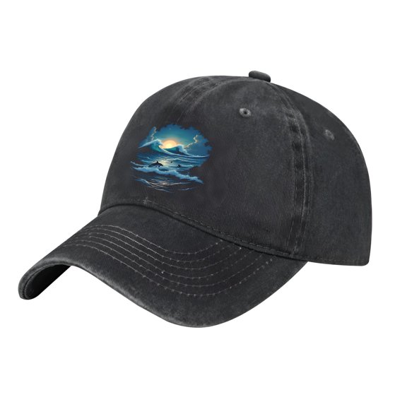 Vintage Cotton Washed Distressed Baseball Cap - Adjustable Golf Dad Hat with Serene Seascape Graphic at Dusk Dawn for Men & Women