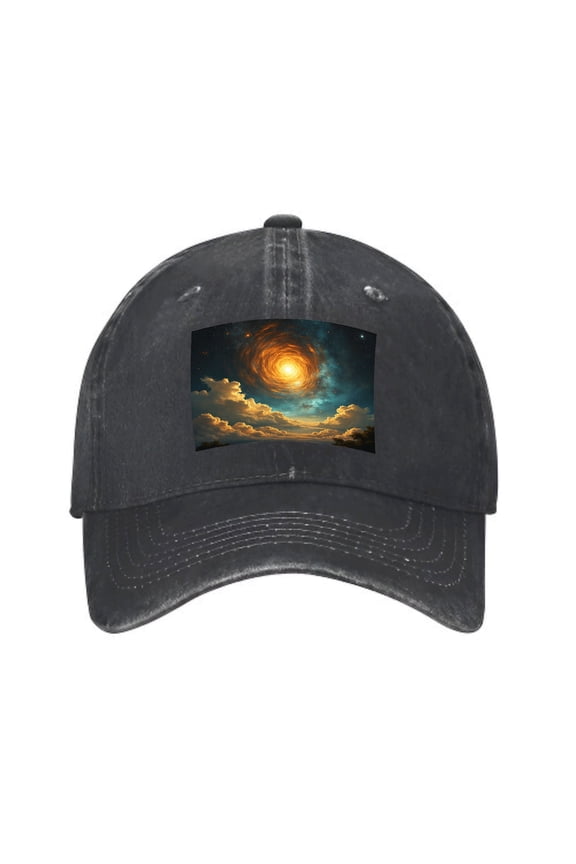 Vintage Cotton Washed Distressed Baseball Cap - Artistic Galaxy Patch Design on Black Dad Hat for Men & Women - Unique Swirling Colors Scene