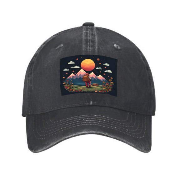 Vintage Cotton Washed Distressed Baseball Cap - Bear Graphic on Grassy Landscape with Mountain & Colorful Sun - Adventure Nature Dad Hat for Men & Women