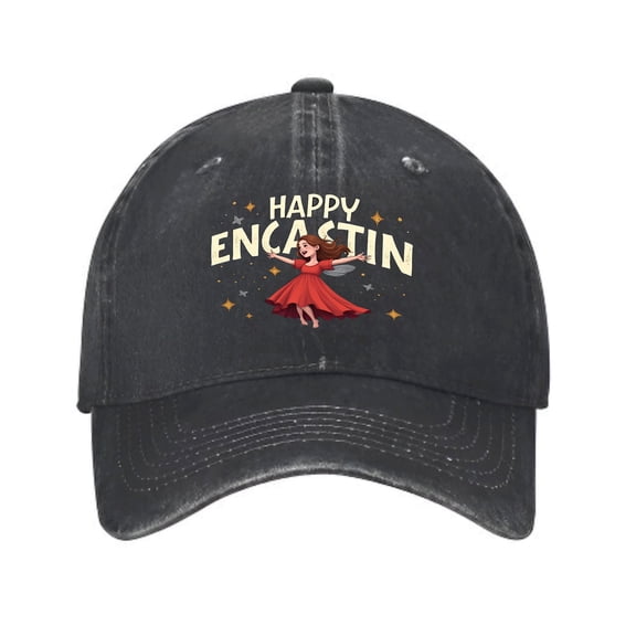 Vintage Cotton Washed Distressed Baseball Cap - Black Cap with Cartoon Design Red Dress & Stars " HAPPY ENCASIN " Text Perfect Golf Dad Hat for Men & Women