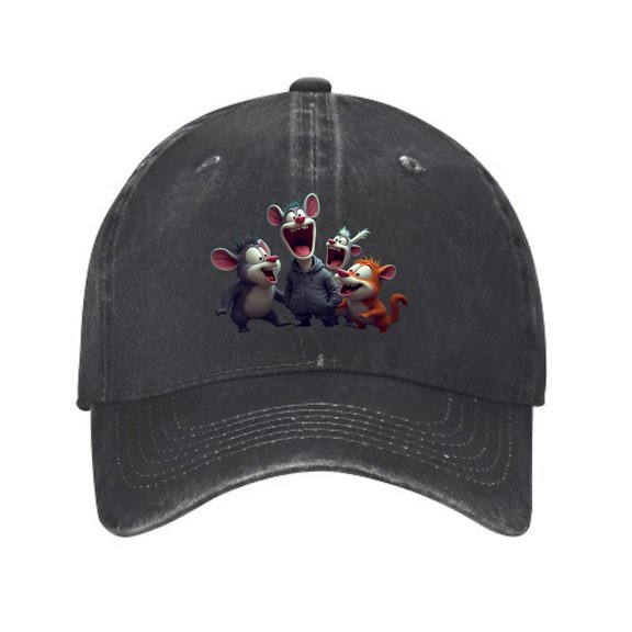 Vintage Cotton Washed Distressed Baseball Cap - Black Cap with Animated Mice & Cheerful Formal Attire - Perfect Golf Dad Hat for Men & Women