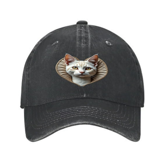 Vintage Cotton Washed Distressed Baseball Cap - Black Cat Face Design with Orange Stripes & Ruff - Stylish Golf Dad Hat for Men & Women