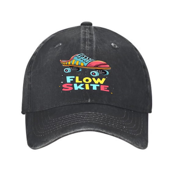 Vintage Cotton Washed Distressed Baseball Cap - Black with Colorful Skateboard & Shoe Graphic " FLOW SKITLE " Text Curved Brim Dad Hat for Men & Women