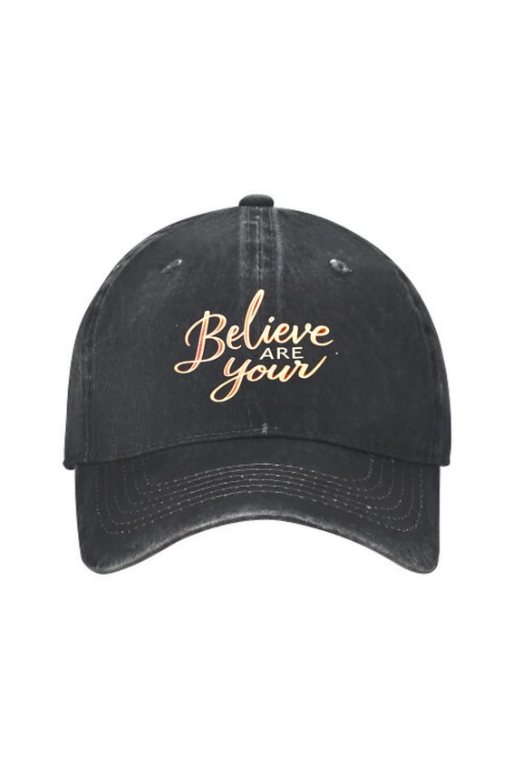 Vintage Cotton Washed Distressed Baseball Cap - Black Curved Brim Dad Hat with Orange Cursive ' Believe are you ' Design for Men & Women