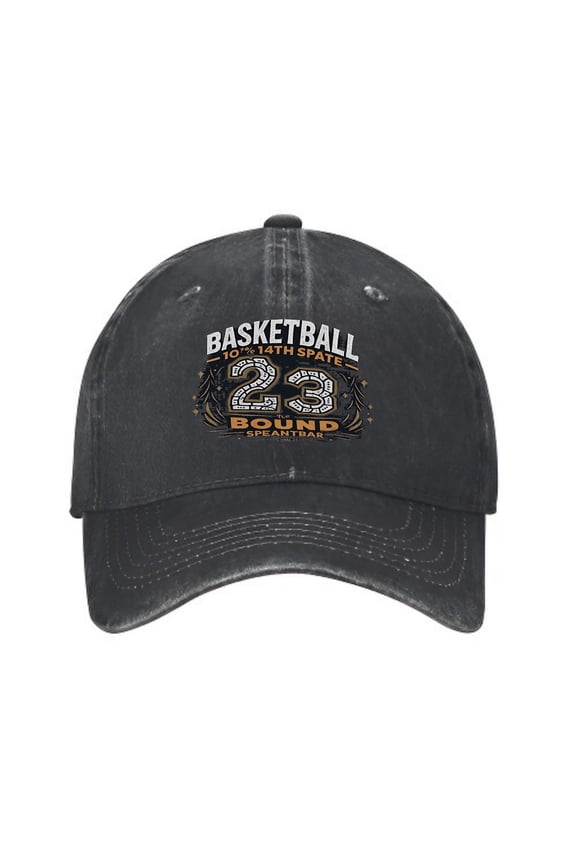 Vintage Cotton Washed Distressed Baseball Cap - Black Curved Brim Hat with " BASKETBALL 10th SPORTS 23 BOUND SPEAKBAR " Design in White & Orange for Men & Women