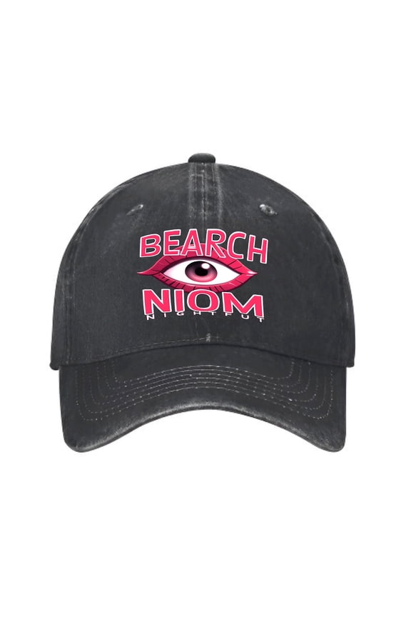 Vintage Cotton Washed Distressed Baseball Cap - Black Curved Brim Hat with Bold ' BEARCH NIOM NIGHTFEUD ' Eye Design Metal Eyelets Perfect for Men & Women