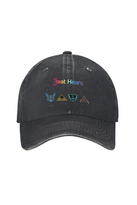 Vintage Cotton Washed Distressed Baseball Cap - Black Curved Brim with ' Beat Hears ' Colorful Geometric Shapes for Men & Women