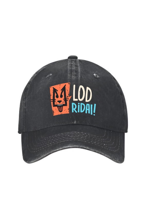 Vintage Cotton Washed Distressed Baseball Cap - Black Curved Brim with Orange & Black Cat Face Graphic and ' LOD RIDA ' Text for Men & Women